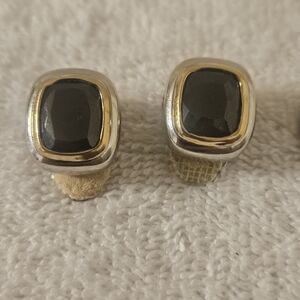 John Medeiros Smoke Black Clip Earrings Stone Square Rhodium Bi Gold Silver Tone